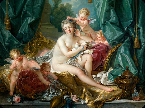 Reproduction of an 18th-century Rococo painting: a reclining woman attended by winged cupids among draped silk and roses